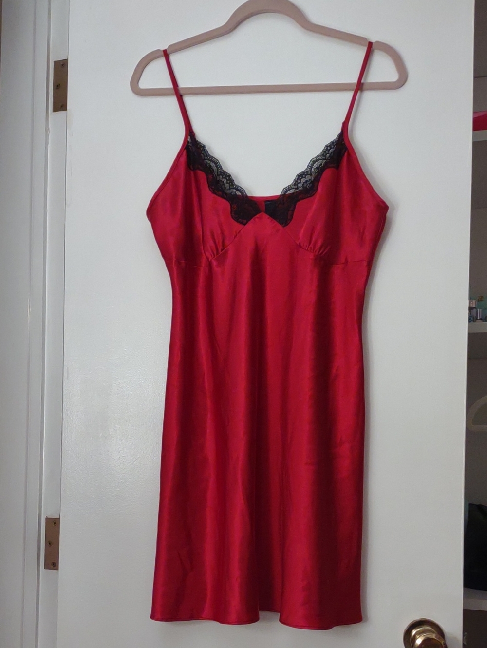 Red Satin Lace-Trim Slip Dress ❤️ Size L